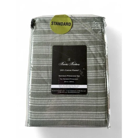 Brooks Brothers Flannel Pillowcases 20x30 Standard Gray White Stripe Set of 2