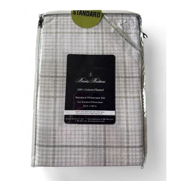 Brooks Brothers Flannel Pillowcases 20x30 Standard Gray White Plaid Set of 2