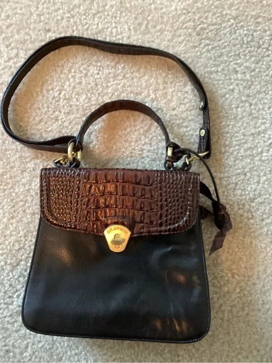 Brahmin Black Leather Satchel with Brown Croc-Embossed Flap