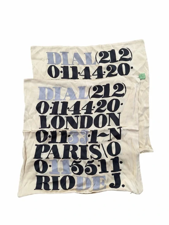 West Elm Cream Pillowcases with Black and Light Blue Typographic Print 100% silk
