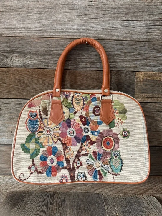 Brown Handle Tapestry Floral bag