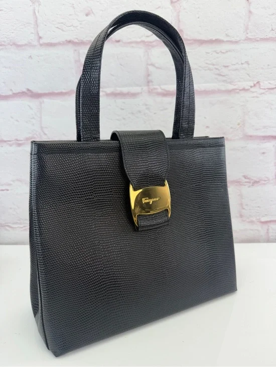 Salvatore Ferragamo Black Lizard-Embossed Top-Handle Satchel Vintage