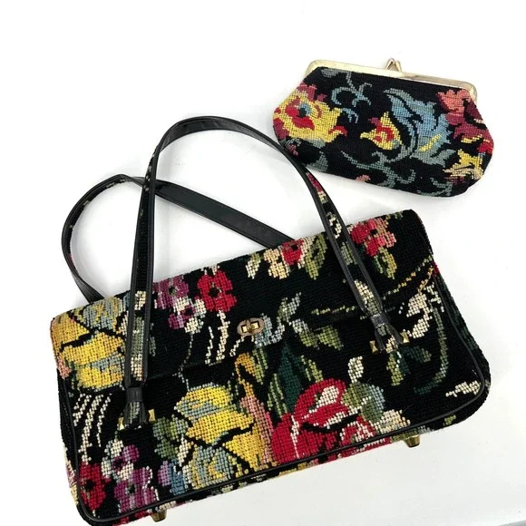Vintage 60s Needlepoint Turnlock Satchel AND Matching Clutch Kadin Floral
