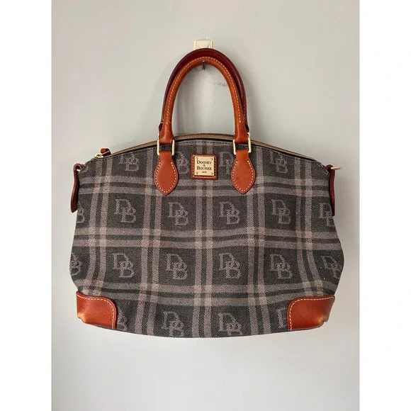 Dooney & Bourke Monogram Plaid Satchel Bag Leather Trim Cognac Gray