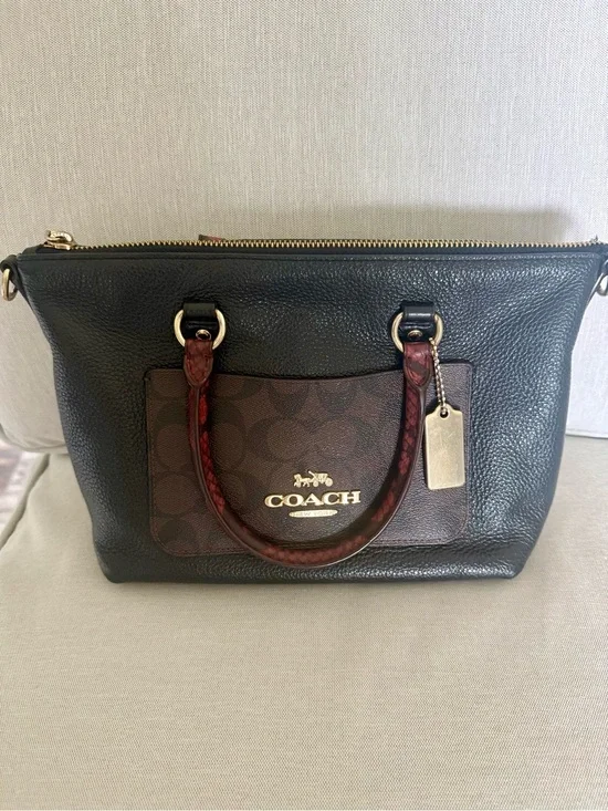 COACH Mini Emma Satchel Black Pebbled Leather Mixed with Signature Canvas
