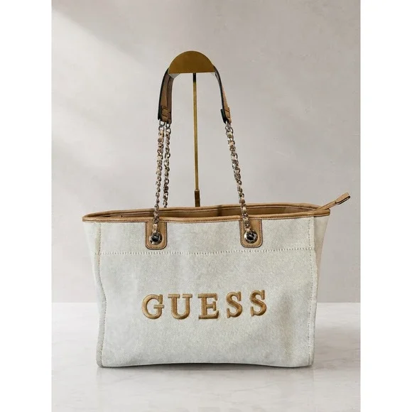 GUESS Makena Large Canvas Tote Bag Embroidered Logo Chain Shoulder Strap