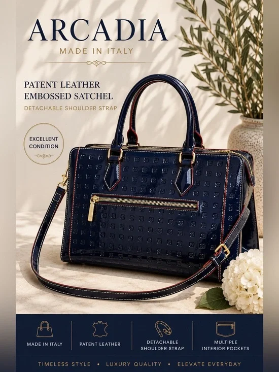 Arcadia Made in Italy Navy Blue Patent Leather Embossed Satchel Tote Bag
