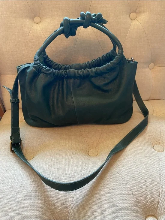 Free People Dark Green Leather Satchel with Knotted Handle