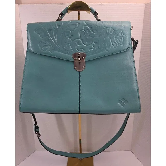 Patricia Nash Blue Grass Leather‎ Embossed Floral Satchel Bag P811393