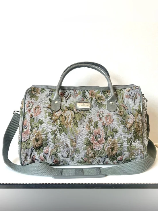 Vintage Jordache Floral Tapestry Duffel Bag in Gray with Pink and Olive Accents