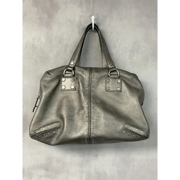 Michael Kors Astor Studded Satchel Bag Pewter Metallic Leather Edgy Grunge Biker