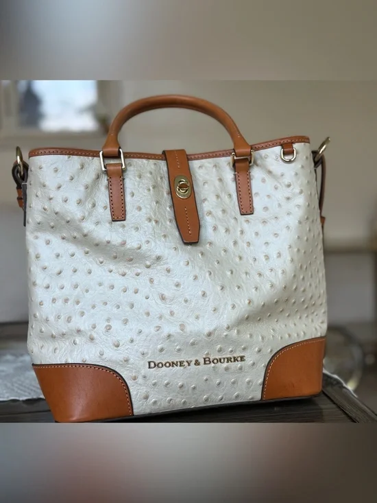 Dooney & Bourke Ivory Ostrich Leather Satchel  Purse Brown Trim Detachable Strap