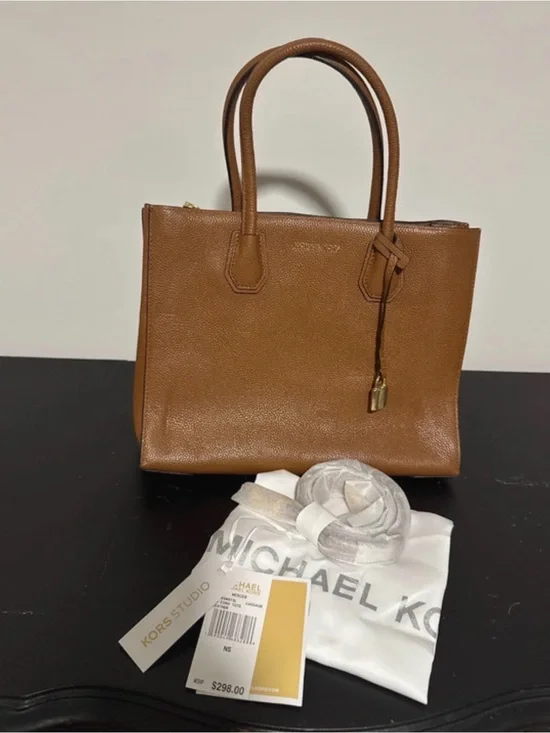 Michael Kors Cognac Pebbled Leather Satchel with Gold Hardware Mercer Large