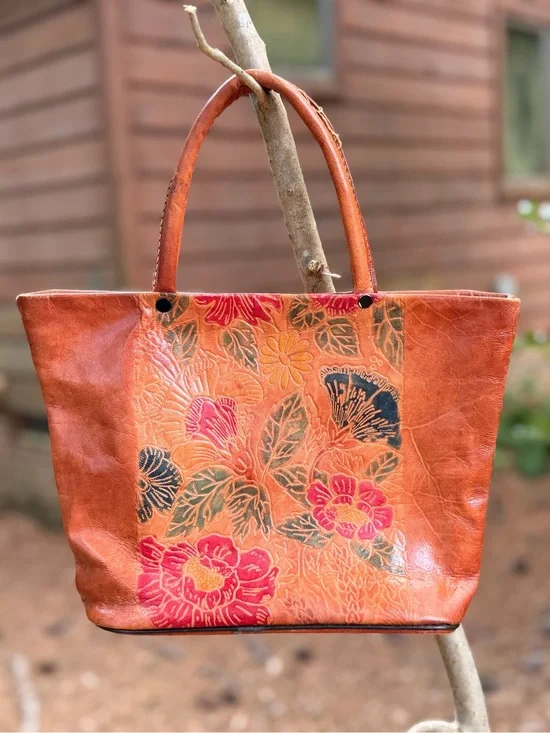 VTG Buffalo Leather Floral Saddle Bag Hand-tooled Hand-painted Red & Greens