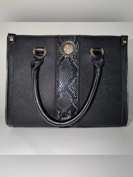 ALDO Black Satchel with Snake-Print Center and Gold Medallion