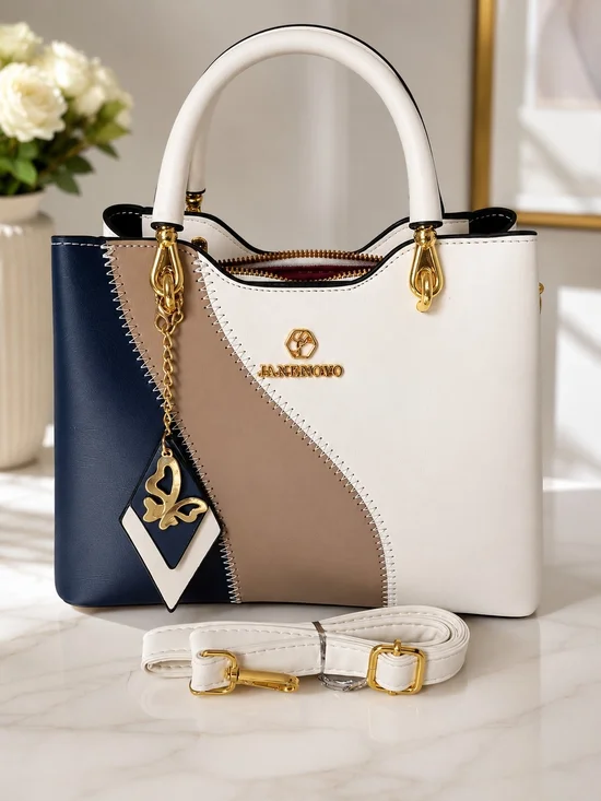 White, Navy & Taupe Colorblock Leather Tote