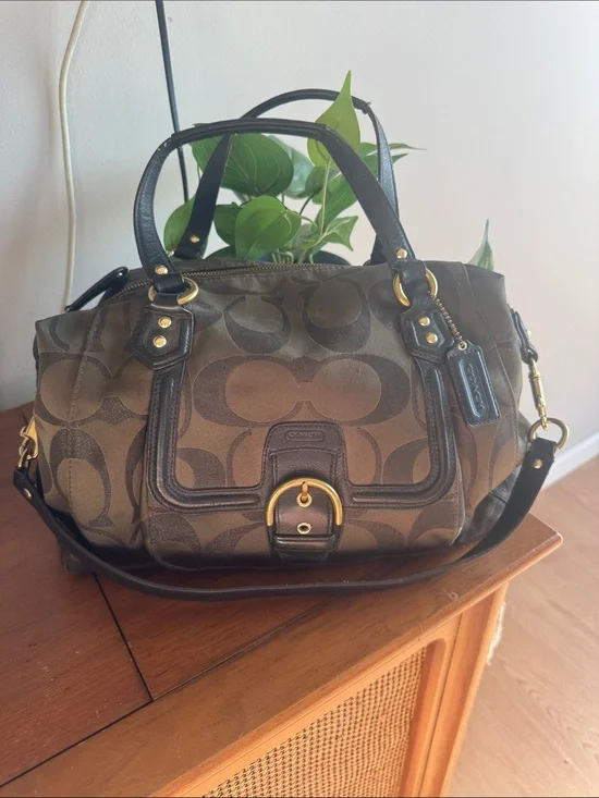 Coach Campbell Signature Metallic Olive Green Canvas Satchel with Leather Trim