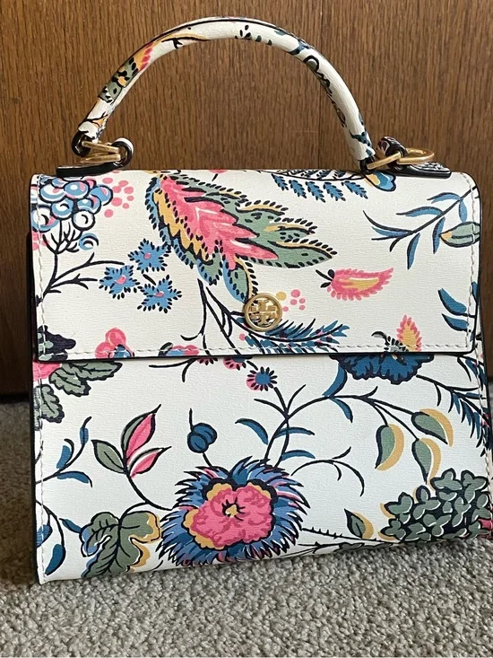 Tory Burch Block-T Floral Print Top Handle Satchel – White/Multi – Gold Hardware