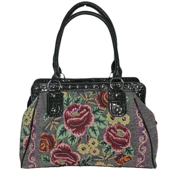 Mod/x Gray Floral‎ Tapestry Large Satchel Bag Beaded Sequins Studs Croc Embossed