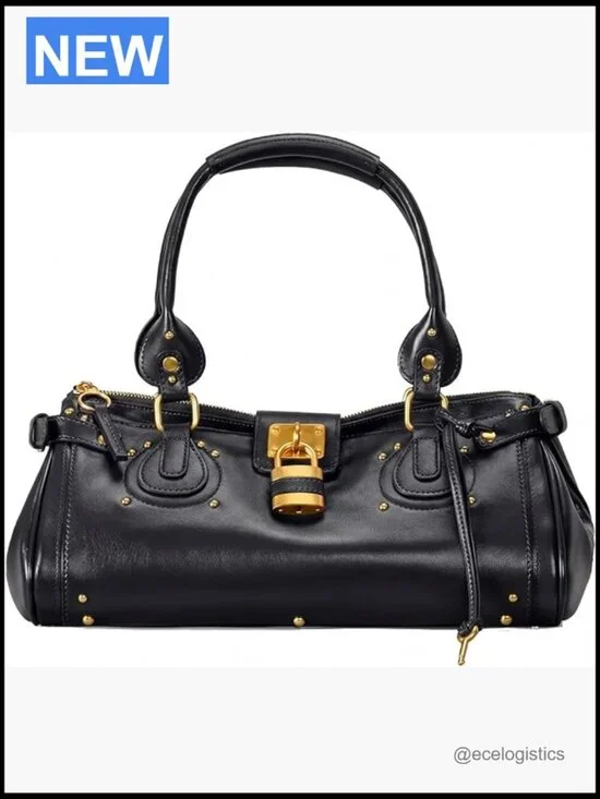 Vintage Y2K Lock East West Bag Top Handle Satchel Faux Leather Studded Shoulder