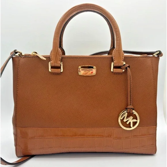 Michael Kors Kellen Crosshatch Leather‎ Satchel Medium 357GS0S6E Tote Adj Strap