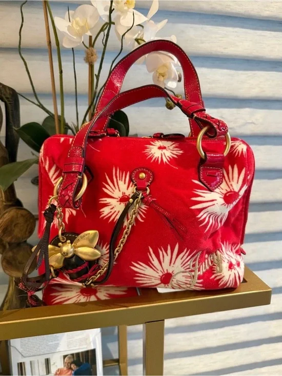 Vintage Juicy Couture Red Daisy Velvet Top-Handle Bag amazing Bee Hardware
