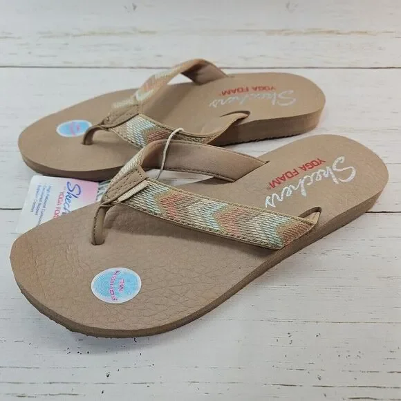 Skechers Meditation Sunny Days Size 10 Woven Flip Flop‎ Sandals Tan Yoga Foam