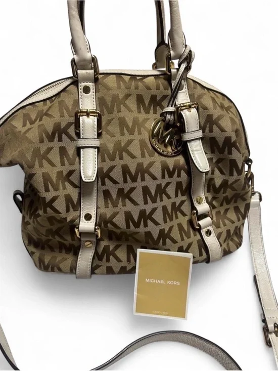 Michael Kors Brown/Beige MK Logo Satchel with Gold-Tone Hardware