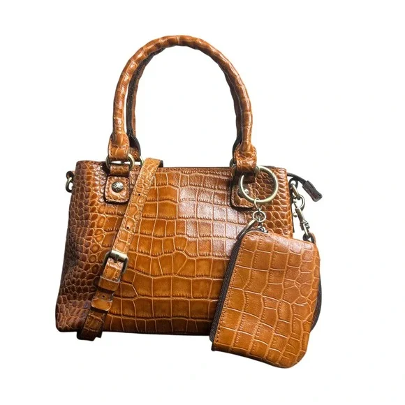 Patricia Nash Cognac Brown Crocodile Embossed Satchel Handbag & Pouch Crossbody