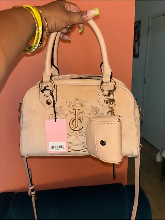 Juicy Couture Blush Beige Suede Satchel with Embossed Logo