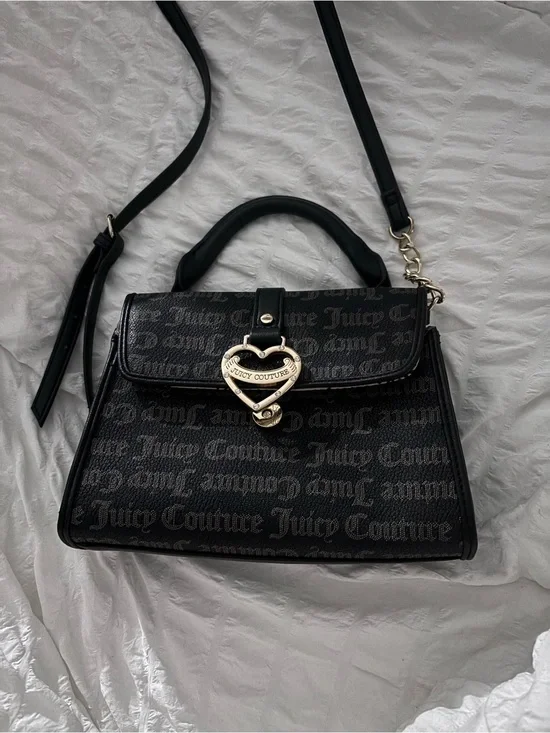 Juicy Couture Black Logo Heart Lock Satchel with Gold Hardware