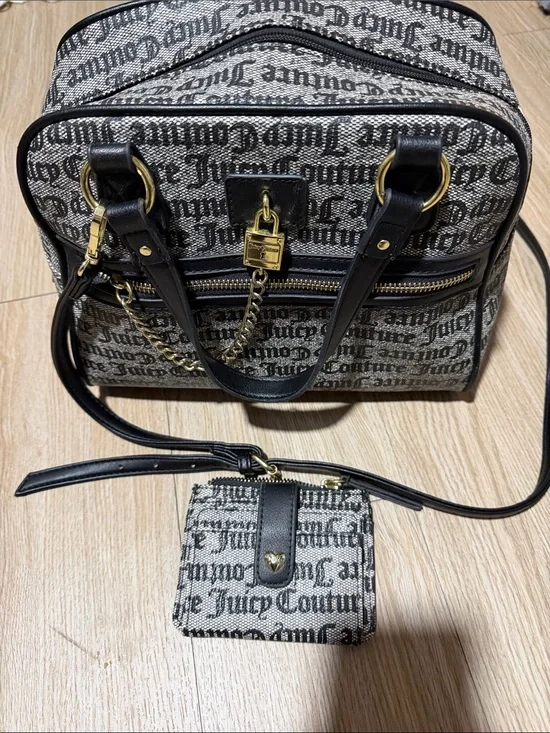 Juicy Couture Black & Cream Signature Script Satchel with Wallet
