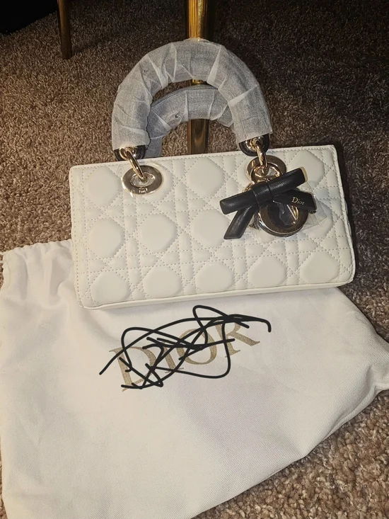 White and Blacl Quilted Satchel with Black Bow and Gold Hardware