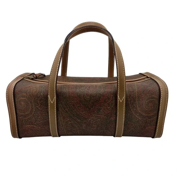 Etro Milano Paisley Print Barrel Bag Brown Leather Trim Vintage Cylinder Satchel