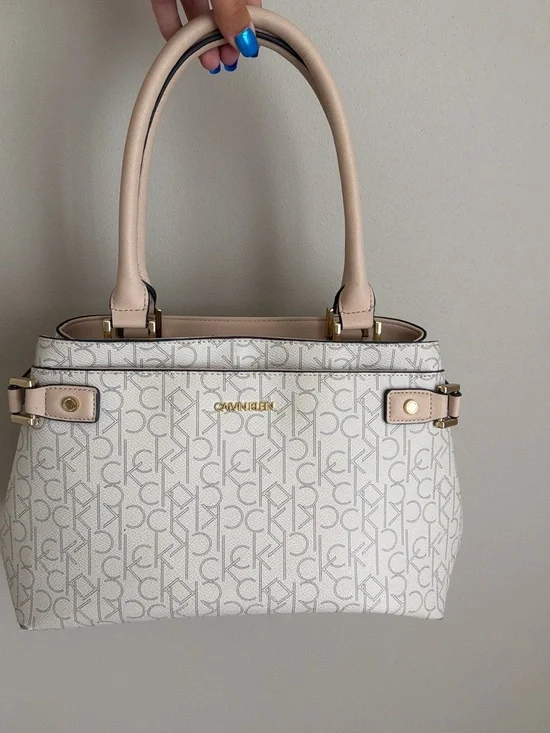 Calvin Klein Cream Logo Satchel with Blush Handles