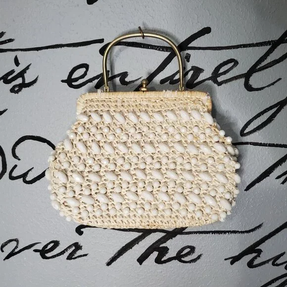 Vintage 1950’s Mid-Century Ivory Italian Beaded Handbag w/ Metal Handle