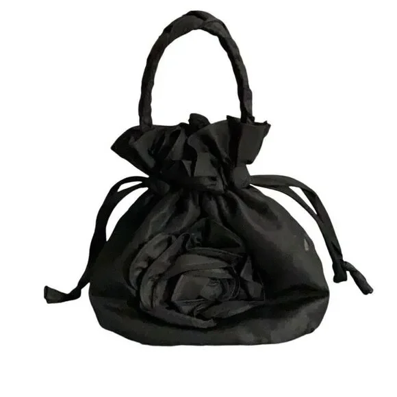 VTG Black Satchel Brown Quilted Inner Flat Bottom Drawstring Braided Handle Flaw