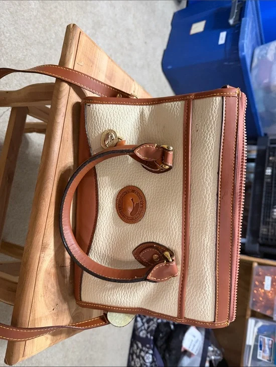 Dooney & Bourke Cream Leather Satchel with Brown Trim