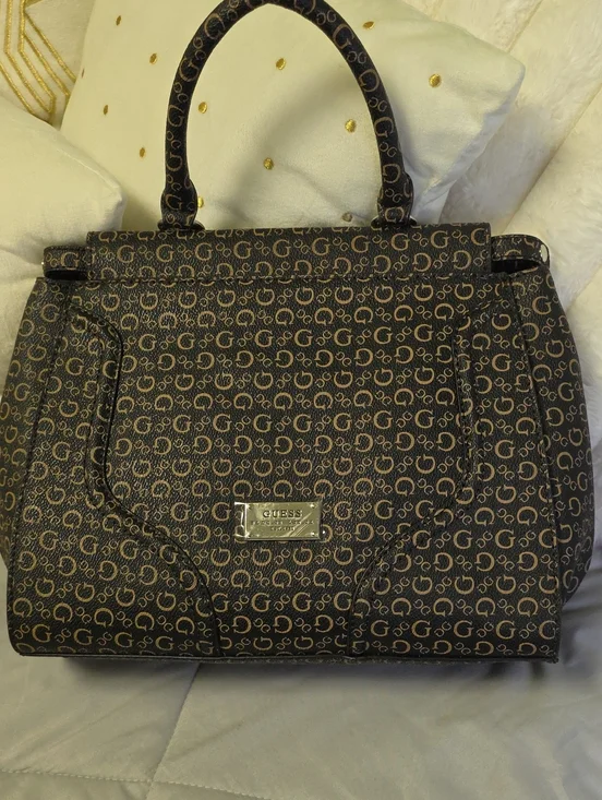 GUESS Brown Logo Print Structured Top-Handle Satchel