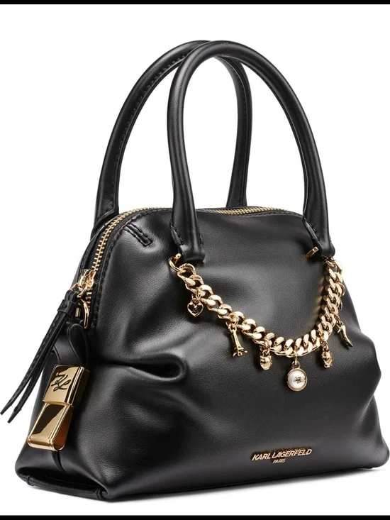 Karl Lagerfeld Black Leather Satchel with Gold Charm Chain and Top Handles