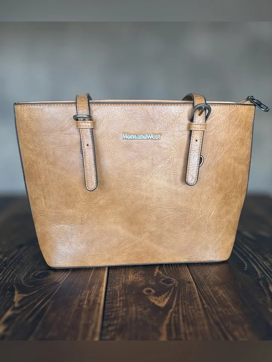 Montana West Cognac Faux Leather Satchel with Adjustable Straps