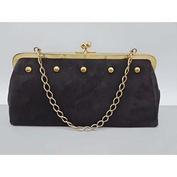 Vintage Black Suede Kiss Lock Evening Clutch Gold Studded Chain Strap Bag