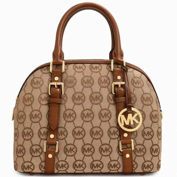 ✨️Michael Michael Kors Brown And Beige Bedford Bowling Monogram Jacquard Satchel