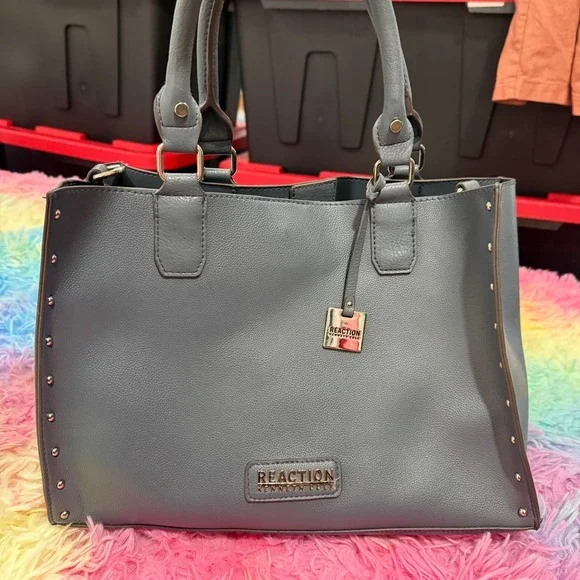 Kenneth Cole Reaction Satchel Women Medium Blue Gray Studded Tote Bag