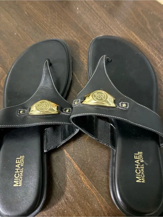 Michael Kors Black Leather Thong Sandals with Gold MK Emblem