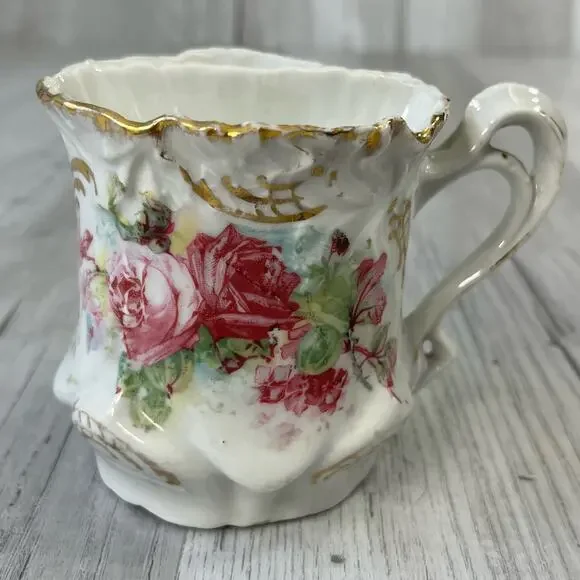 Vintage Victorian White Pink Green Floral Accent Gold Trim Shaving Mug Cup Decor