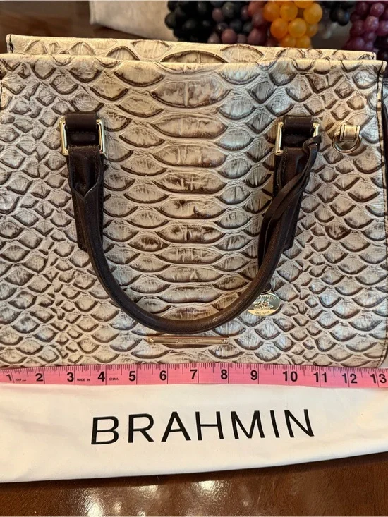 Brahmin Cream and Dark Brown Embossed Leather Satchel