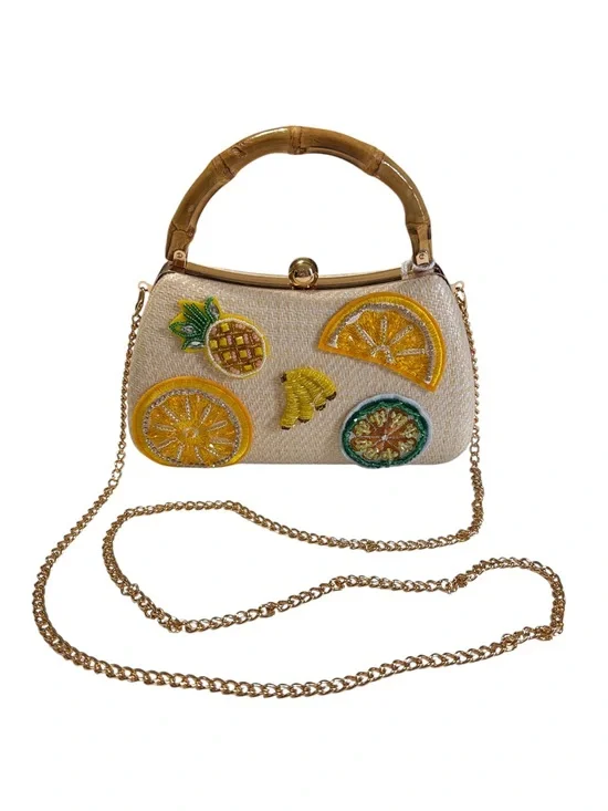Haute Hippie Woven Straw Bamboo Handle Fruit Beaded Embroidered Crossbody Bag