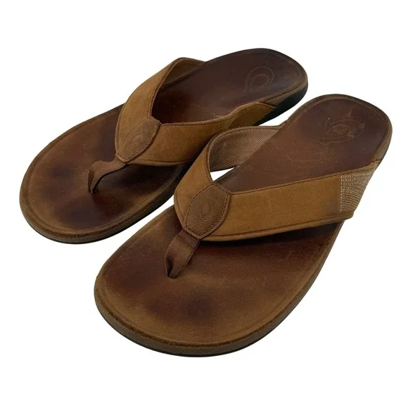 OluKai Tuahine Waterproof Leather Flip Flop Sandals Brown Men 13 Comfort Casual