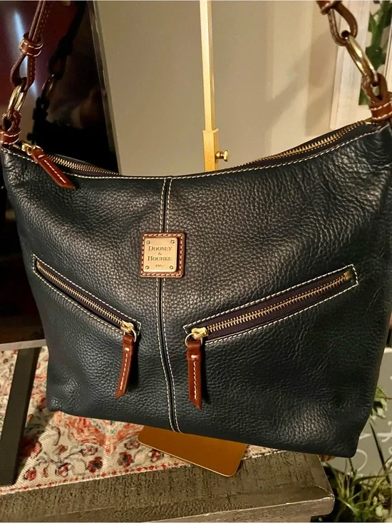 Dooney & Bourke Navy Pebbled Leather Satchel with Brown Trim with pouch
